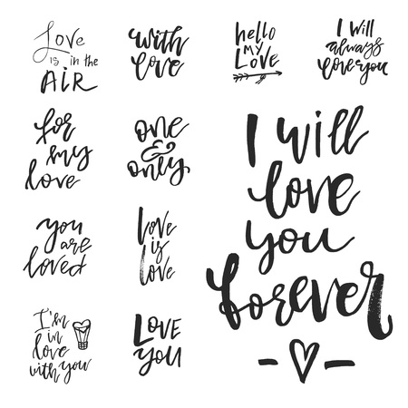 Set of Valentines day romantic handwritten quotes and slogans isolated on white. Good for save the date, wedding stationary, typography poster or apparel, for greetings. Vector design elementsのイラスト素材