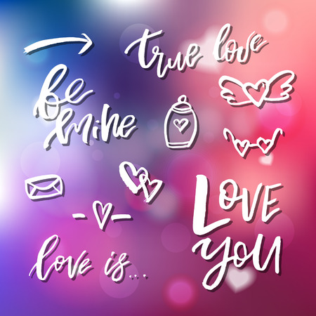 Handdrawn icons and clip art. Calligraphy for invitation, greeting card, prints, posters. Hand drawn typographic inscription, lettering design. Vector Happy Valentines day holidays quote.のイラスト素材