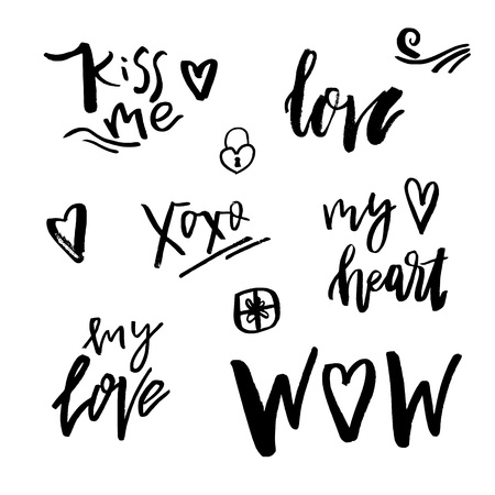 Happy Valentines day icons with calligraphy on white. Template for Greetings, Congratulations, Housewarming posters, Invitation, Photo overlay. Vector illustrationのイラスト素材