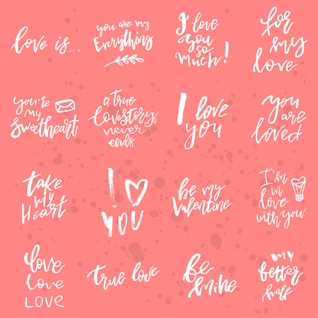 Set of Valentines day romantic handwritten quotes and slogans. Good for save the date, wedding stationary, typography poster or apparel, for greetings. Vector design elementsのイラスト素材