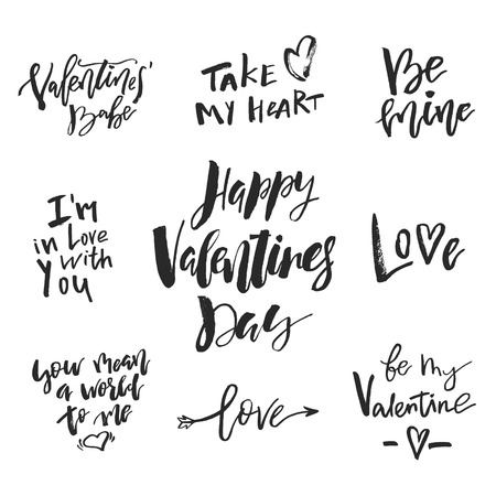 Set of Valentines day romantic handwritten quotes and slogans isolated on white. Good for save the date, wedding stationary, typography poster or apparel, for greetings. Vector design elementsのイラスト素材