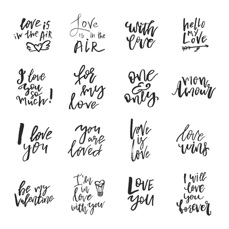 Set of Valentines day romantic handwritten quotes and slogans isolated on white. Good for save the date, wedding stationary, typography poster or apparel, for greetings. Vector design elementsのイラスト素材
