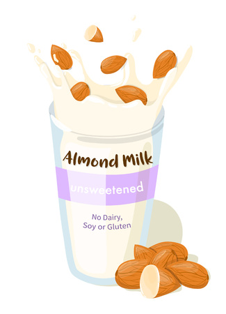 Almond Milk Splash with whole almonds in a glass vector package design. Healthy eating cartoon illustration isolated on white backgroundのイラスト素材