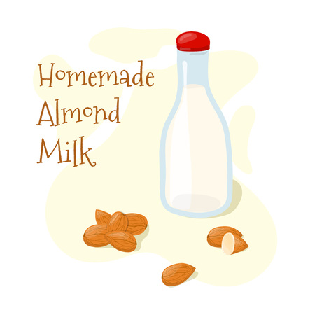 Homemade Almond Milk glass bottle with whole almonds vector poster. Healthy eating typography lettering cartoon illustration isolated on white backgroundのイラスト素材