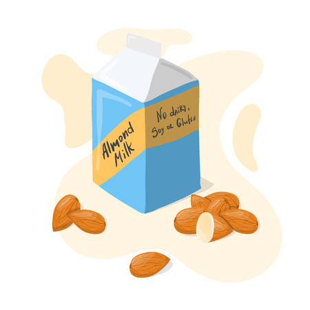 Homemade Almond Milk tetra pack with whole almonds vector poster. Healthy eating typography lettering cartoon illustration isolated on white backgroundのイラスト素材
