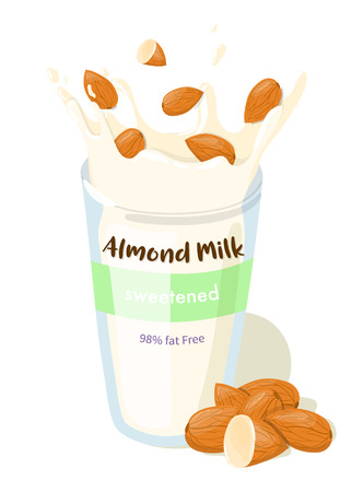 Almond Milk Splash with whole almonds in a glass vector package design. Healthy eating cartoon illustration isolated on white backgroundのイラスト素材