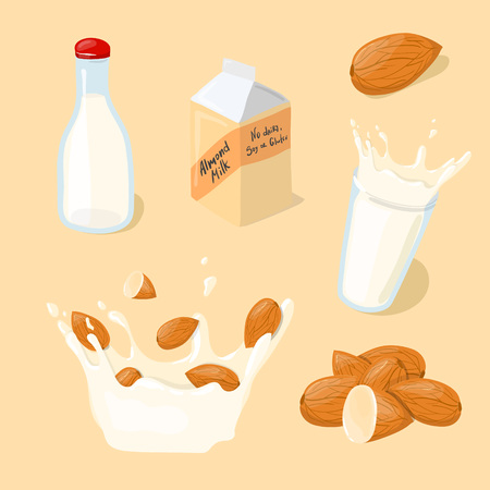 Almond Milk glass, splash, bottle, pack vector icon set. Healthy eating cartoon illustration isolatedのイラスト素材