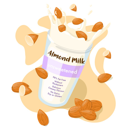 Almond Milk Splash with whole almonds in a glass vector ad flyer design. Healthy eating cartoon poster illustration isolated on white backgroundのイラスト素材