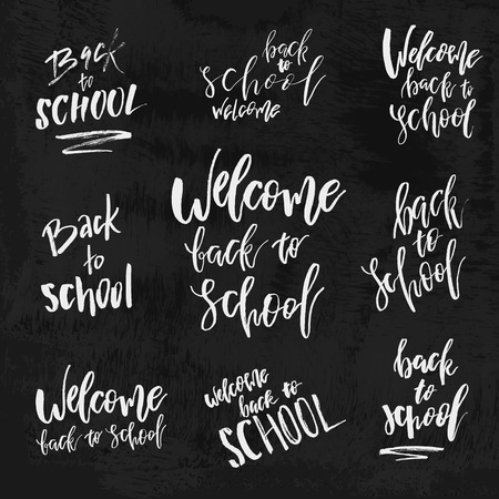 Welcome Back to School chalk lettering on blackboard. Vintage Calligraphic Design Label On Chalkboard.のイラスト素材