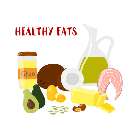 Food with Healthy fats and oils banner isolated on white. Vector cartoon style flyerのイラスト素材