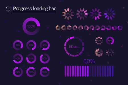Futuristic Progress loading bar icons. Set of indicators. Download process, web ui design interface upload. Vector illustration.のイラスト素材