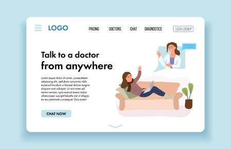 Female doctor giving online consultation to patient. Virtual Doctor Consultation and Diagnosis. VR Medicine. Digital healthcare. Website banner template. Vector cartoon design illustration.のイラスト素材
