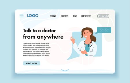Female doctor giving online consultation to patient. Virtual Doctor Consultation and Diagnosis. VR Medicine. Digital healthcare. Website banner template. Vector cartoon design illustration.のイラスト素材