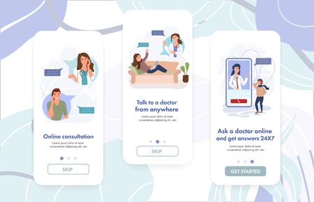 Female doctor giving online consultation to patient. Virtual GP Doctor Diagnosis. VR Medicine. Digital healthcare. Website banner template. Vector cartoon illustration.Virtual clinic app conceptのイラスト素材