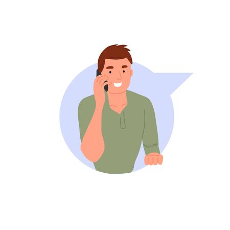 Smiling man talking by phone in dialog cloud. Chatting boy online. Vector speaking businessman textbox icon, chat bubble with happy cartoon character. Virtual talk conceptのイラスト素材