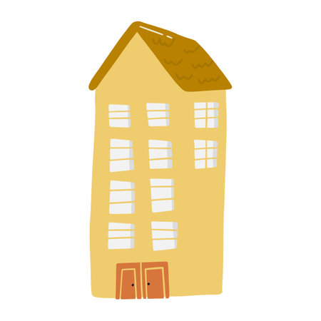 Cute doodle house in hand drawn style, design children nursery, room, clothes, map and textile cartoon vector illustration, isolated on white. Colorful sketch childhood home residential area.のイラスト素材