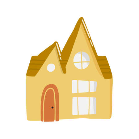 Cute doodle house in hand drawn style, design children nursery, room, clothes, map and textile cartoon vector illustration, isolated on white. Colorful sketch childhood home residential area.のイラスト素材