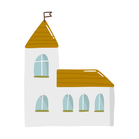 Cute doodle house in hand drawn style, design children nursery, room, clothes, map and textile cartoon vector illustration, isolated on white. Colorful sketch childhood home residential area.のイラスト素材