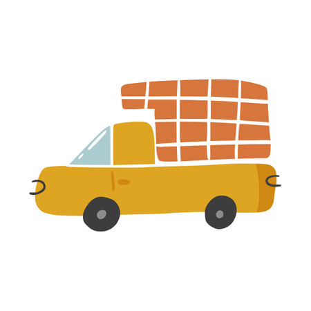 Cute doodle cargo truck in hand drawn style, design children nursery, room, clothes, map and textile cartoon vector illustration, isolated on white. Colorful sketch urban lorry vehicle for printing.のイラスト素材