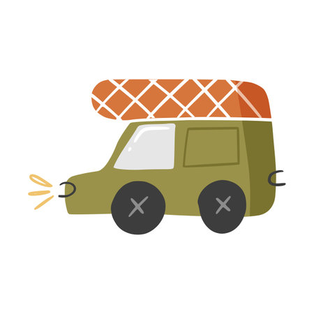 Cute doodle passenger car in hand drawn style, design children nursery, room, clothes, map and textile cartoon vector illustration, isolated on white. Colorful sketch urban vehicle for printing.のイラスト素材