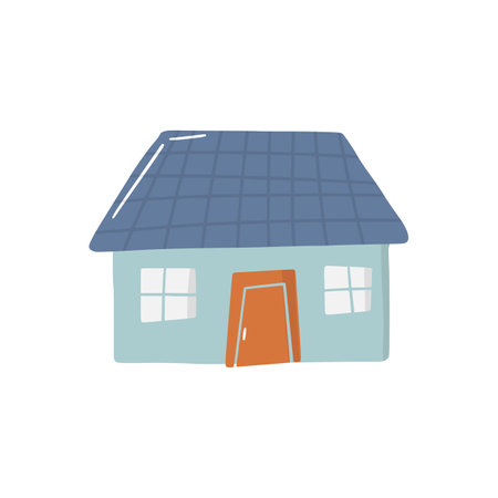 Cute doodle house in hand drawn style, design children nursery, room, clothes, map and textile cartoon vector illustration, isolated on white. Colorful sketch childhood home residential area.のイラスト素材