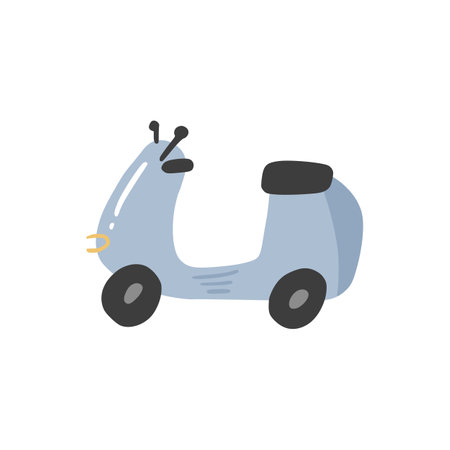 Cute doodle motorbike in hand drawn style, design children nursery, room, clothes, map and textile cartoon vector illustration, isolated on white. Colorful sketch urban moped vehicle for printing.のイラスト素材