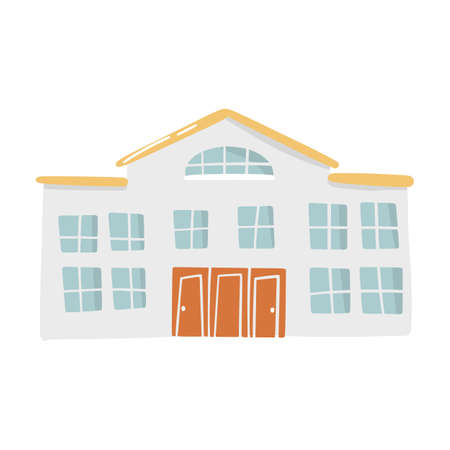 Cute doodle school building in hand drawn style, design children nursery area, room, map and textile cartoon vector illustration, isolated on white. Colorful sketch childhood kindergarten place.のイラスト素材