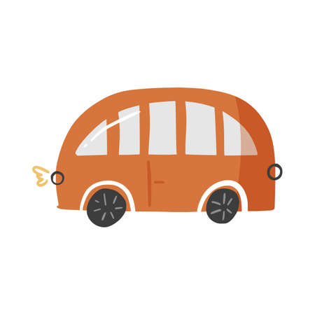 Cute doodle passenger bus in hand drawn style, design children nursery, room, clothes, map and textile cartoon vector illustration, isolated on white. Colorful sketch car urban vehicle for printing.のイラスト素材