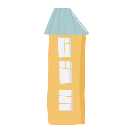 Cute doodle house in hand drawn style, design children nursery, room, clothes, map and textile cartoon vector illustration, isolated on white. Colorful sketch childhood home residential area.のイラスト素材