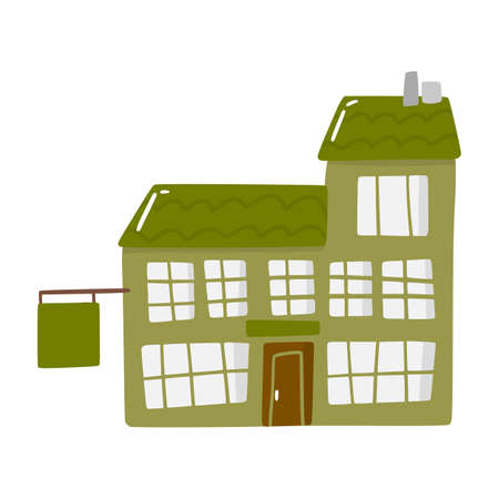 Cute doodle shop house in hand drawn style, design children nursery, room, clothes, map and textile cartoon vector illustration, isolated on white. Colorful sketch store with sign in residential area.のイラスト素材