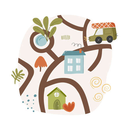 Cute landscape doodle map with pond, route and house, outdoor park with river, country nursery garden cartoon vector illustration, isolated on white. City path wooden pointer, hand drawn printing.のイラスト素材