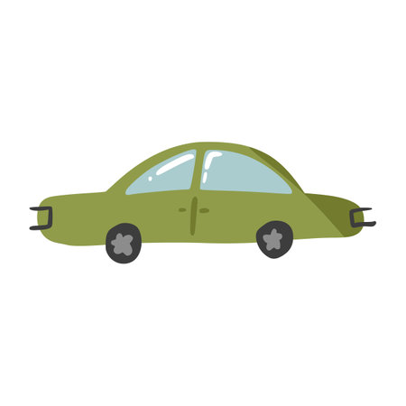 Cute doodle passenger car in hand drawn style, design children nursery, room, clothes, map and textile cartoon vector illustration, isolated on white. Colorful sketch urban vehicle for printing.のイラスト素材