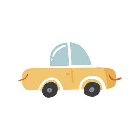 Cute doodle passenger car in hand drawn style, design children nursery, room, clothes, map and textile cartoon vector illustration, isolated on white. Colorful sketch urban vehicle for printing.のイラスト素材