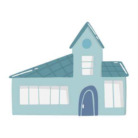 Cute doodle house in hand drawn style, design children nursery, room, clothes, map and textile cartoon vector illustration, isolated on white. Colorful sketch childhood home residential area.のイラスト素材