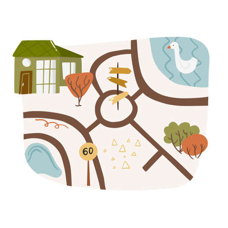 Cute landscape doodle map with pond, route and house, goose bird swim in river country nursery garden cartoon vector illustration, isolated on white. City path wooden pointer, hand drawn printing.のイラスト素材