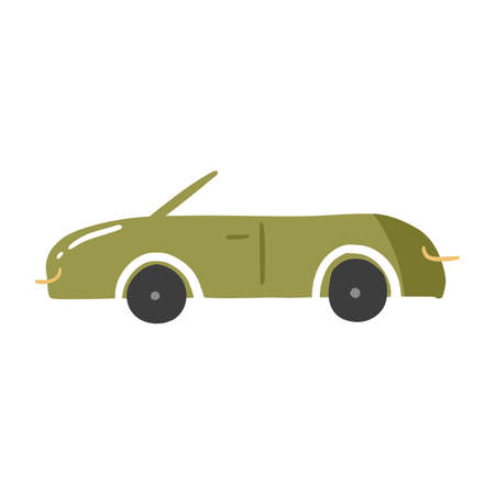 Cute doodle cabriolet car in hand drawn style, design children nursery, room, clothes, map and textile cartoon vector illustration, isolated on white. Colorful sketch urban vehicle for printing.のイラスト素材