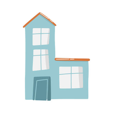 Cute doodle house in hand drawn style, design children nursery, room, clothes, map and textile cartoon vector illustration, isolated on white. Colorful sketch childhood home residential area.のイラスト素材
