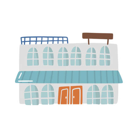 Cute doodle school building in hand drawn style, design children nursery area, room, map and textile cartoon vector illustration, isolated on white. Colorful sketch childhood kindergarten place.のイラスト素材