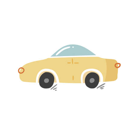 Cute doodle passenger car in hand drawn style, design children nursery, room, clothes, map and textile cartoon vector illustration, isolated on white. Colorful sketch urban vehicle for printing.のイラスト素材