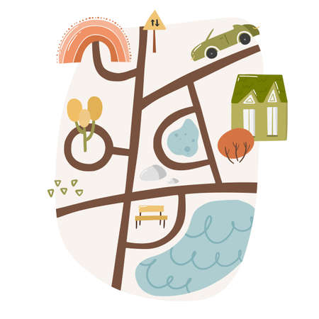Cute landscape doodle map with pond, route and house, outdoor park with river, country nursery garden cartoon vector illustration, isolated on white. City path wooden pointer, hand drawn printing.のイラスト素材