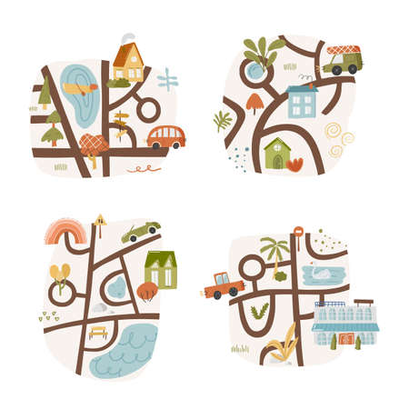 Set of 4 cute landscape doodle map with pond, route and house river country nursery garden cartoon vector illustration, isolated on white. City path wooden pointer, hand drawn printing clipart.のイラスト素材