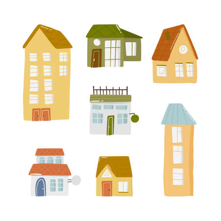 Set of cute doodle shop house in hand drawn style, design children nursery, room, map and textile cartoon vector illustration, isolated on white. Colorful sketch store with sign in residential area.のイラスト素材