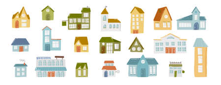 Set of cute doodle house in hand drawn style, design children nursery, room, clothes, map and textile cartoon vector illustration, isolated on white. Colorful sketch childhood home residential area.のイラスト素材