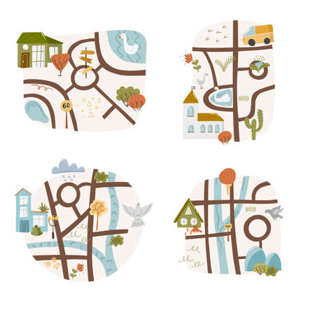 Set of 4 cute landscape doodle map with pond, route and house river country nursery garden cartoon vector illustration, isolated on white. City path wooden pointer, hand drawn printing clipart.のイラスト素材