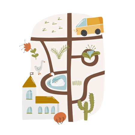 Cute landscape doodle map with pond, route and house, goose bird swim in river country nursery garden cartoon vector illustration, isolated on white. City path wooden pointer, hand drawn printing.のイラスト素材