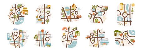 Set of 10 cute landscape doodle map with pond, route and house river country nursery garden cartoon vector illustration, isolated on white. City path wooden pointer, hand drawn printing clipart.のイラスト素材