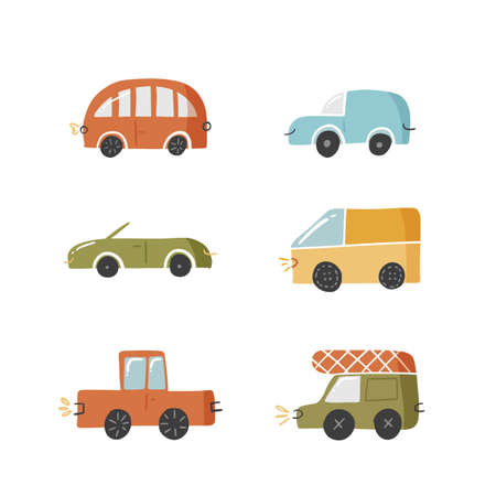 Set of cute doodle car in hand drawn style, design children nursery, room, clothes, map and textile cartoon vector illustration isolated on white. Colorful sketch urban passenger vehicle for printing.のイラスト素材