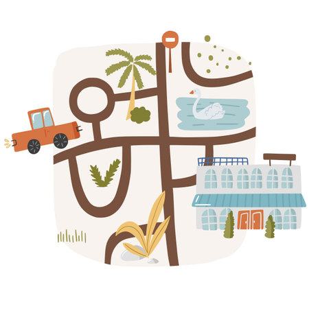 Cute landscape doodle map with pond, route and house, goose bird swim in river country nursery garden cartoon vector illustration, isolated on white. City path wooden pointer, hand drawn printing.のイラスト素材