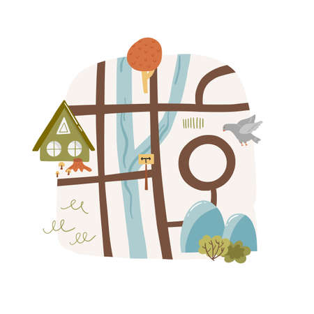 Cute landscape doodle map with pond, route and house, pigeon bird fly river country nursery garden cartoon vector illustration, isolated on white. City path wooden pointer, hand drawn printing.のイラスト素材