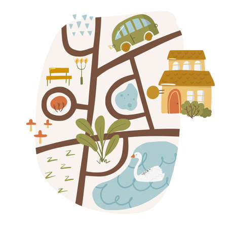 Cute landscape doodle map with pond, route and house, goose bird swim in river country nursery garden cartoon vector illustration, isolated on white. City path wooden pointer, hand drawn printing.のイラスト素材